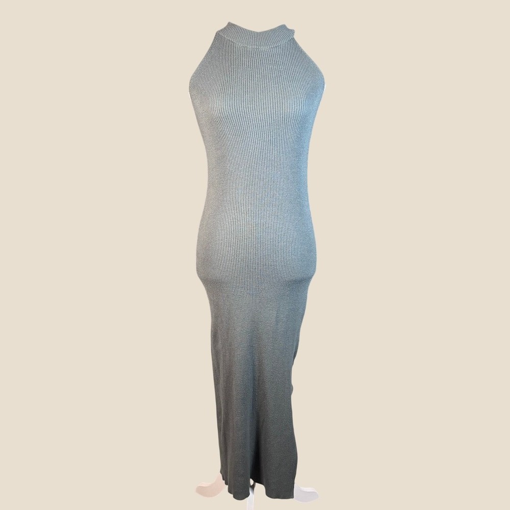 Bécool Ribbed Mock Neck Sleeveless Maxi Dress S Grey Halter Knit 63173
